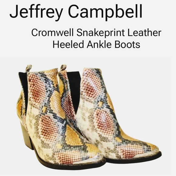 JEFFREY CAMPBELL Cromwell Snakeprint Leather Heeled Ankle Boots Size 8. EUC - Picture 2 of 16